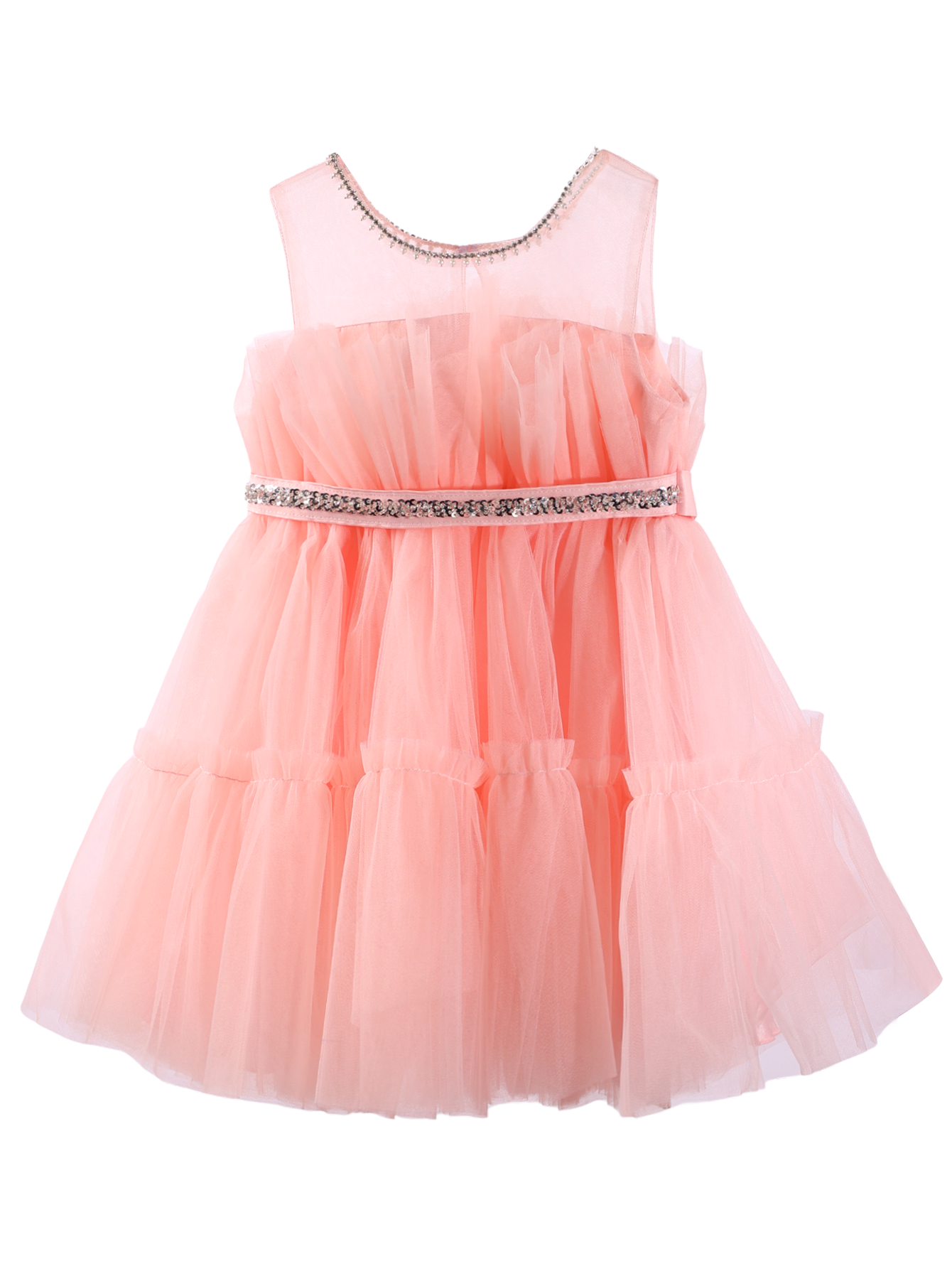 Girls Pink Rhinestone Tulle Princess Dress Sleeveless Formal Party Gown With Back Sash -XGZ8005