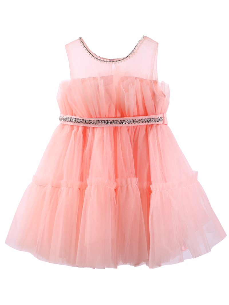 Girls Pink Rhinestone Tulle Princess Dress Sleeveless Formal Party Gown With Back Sash -XGZ8005