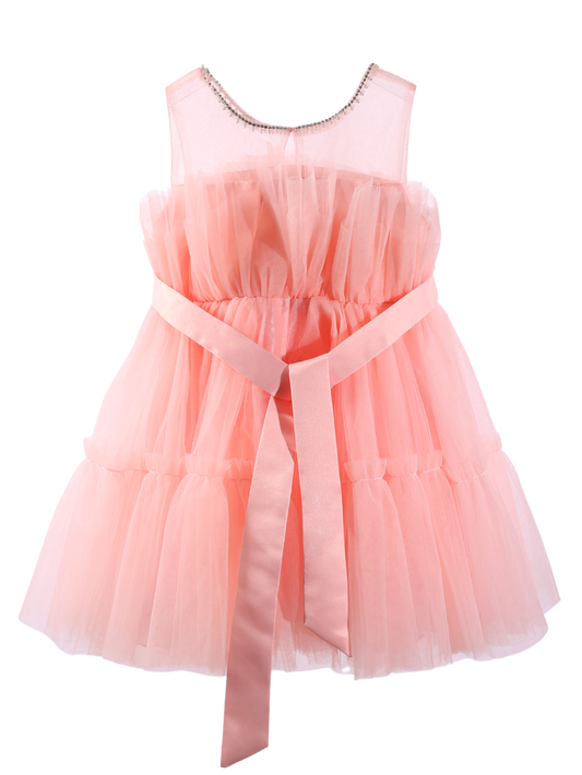 Girls Pink Rhinestone Tulle Princess Dress Sleeveless Formal Party Gown With Back Sash -XGZ8005