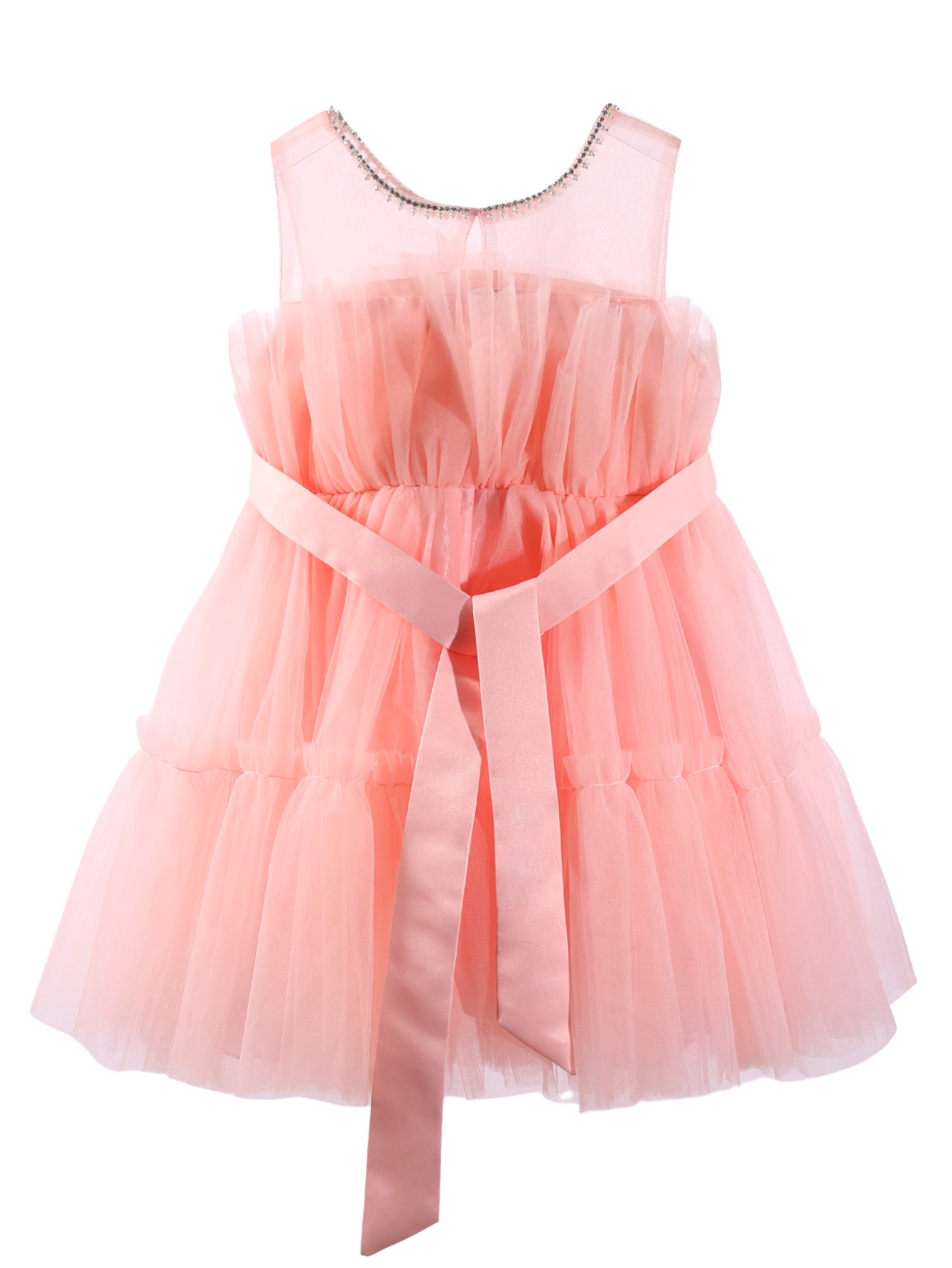 Girls Pink Rhinestone Tulle Princess Dress Sleeveless Formal Party Gown With Back Sash -XGZ8005