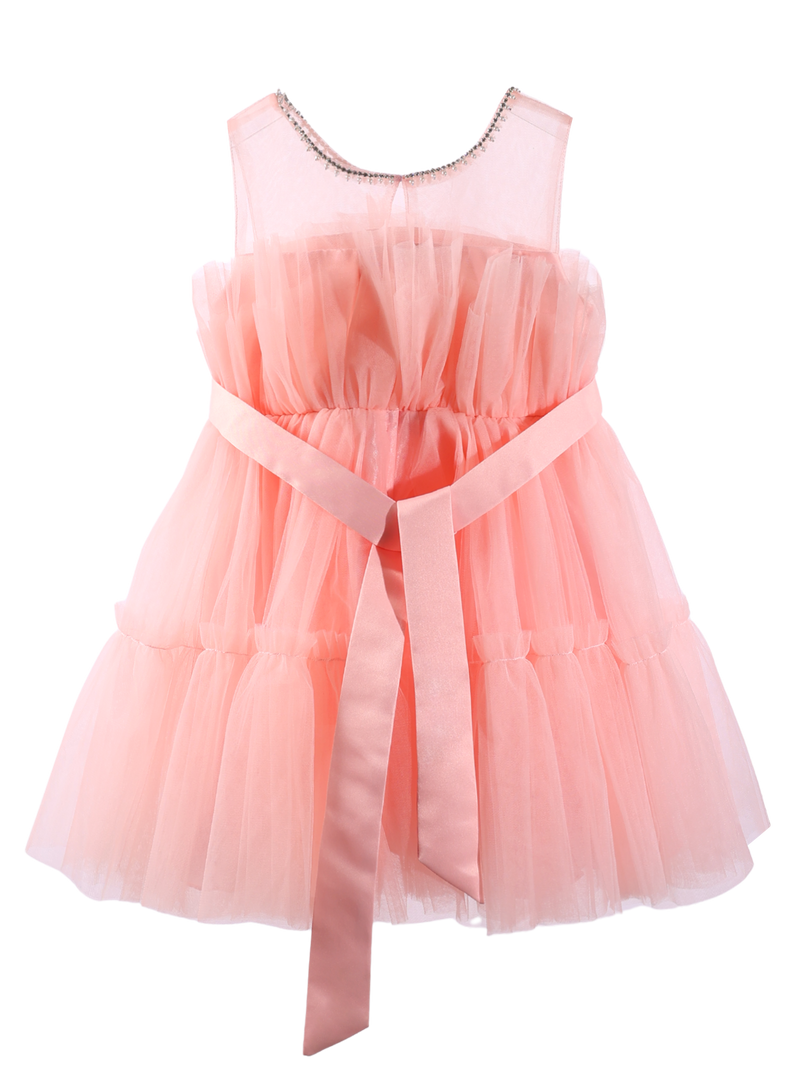 Girls Pink Rhinestone Tulle Princess Dress Sleeveless Formal Party Gown With Back Sash -XGZ8005