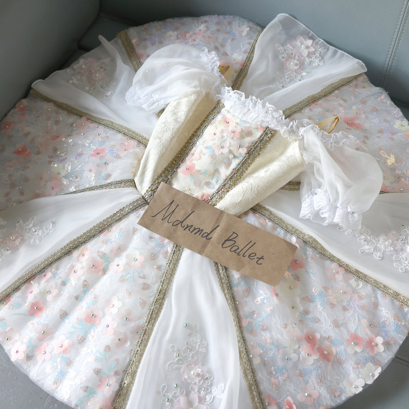 Floral Lace Ballet Tutu Dress for Girls 锟斤拷 Ivory and Pink with Puff Sleeves -