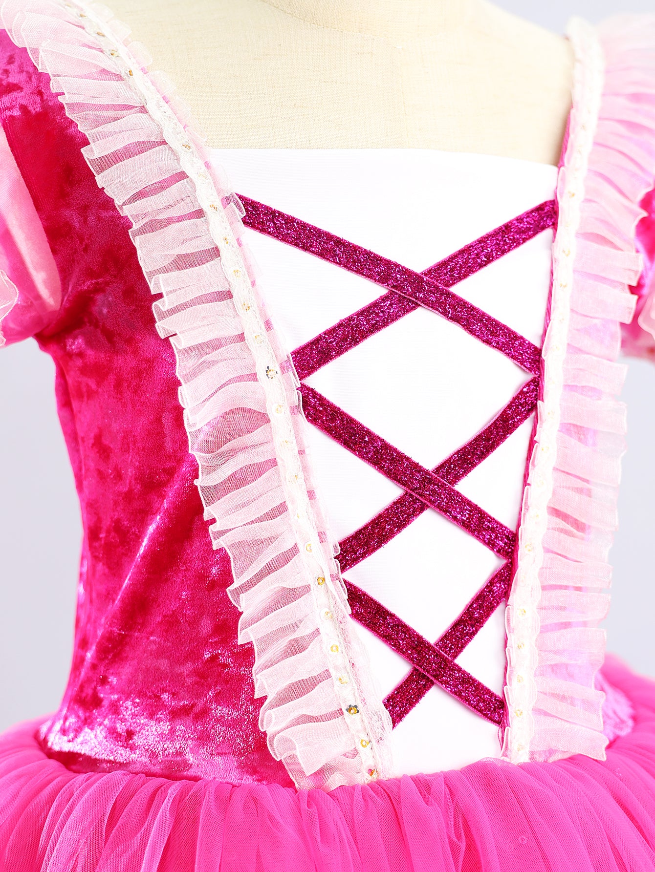 Girls Hot Pink Velvet Puff Sleeve Glitter Tulle Ballet Tutu Dress