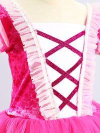 Girls Hot Pink Velvet Puff Sleeve Glitter Tulle Ballet Tutu Dress