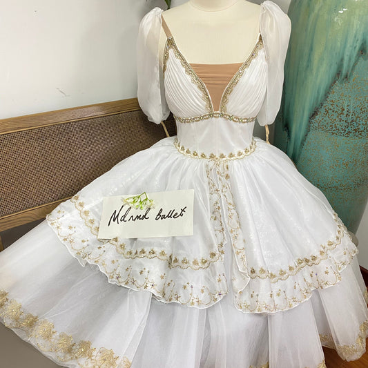 Dawn Goddess White Long Ballet Dress with Gold Lace Embroidery - Professional Ballerina Performance Costume-MDC0488