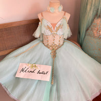 Light Green Romantic Ballet Maxi Dress with Golden Lace & Green Rhinestones - Suitable for Girls and Adults-MDC0817