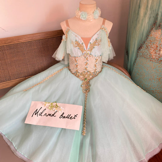 Light Green Romantic Ballet Maxi Dress with Golden Lace & Green Rhinestones - Suitable for Girls and Adults-MDC0817