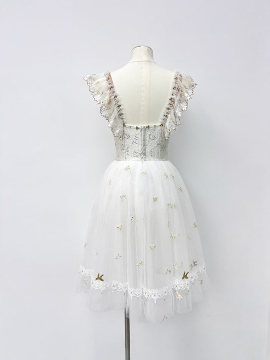 Ivory Gold Ruffle Romantic Dress