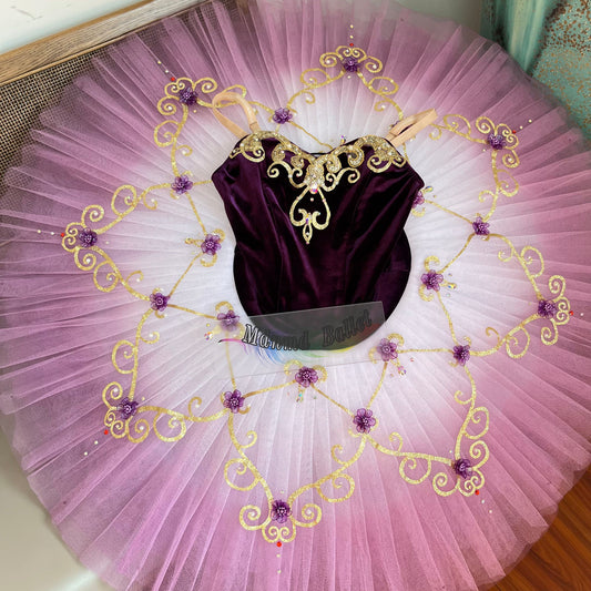 Gradient Plum Elastic Top Ballet Skirt: A Dance Gift for Girls, Golden - Embellished Dance Costume-MDT0510