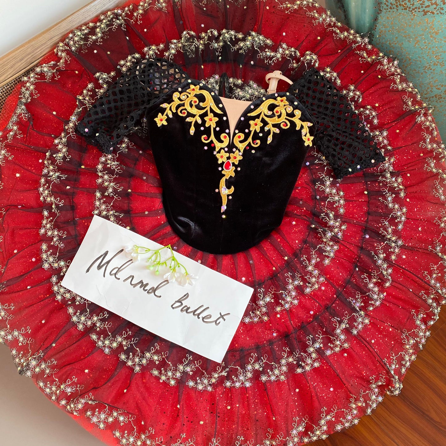 Stunning Handmade Red Ballet Tutu - Velvet Bodice with Gold Embroidery-MDT0754