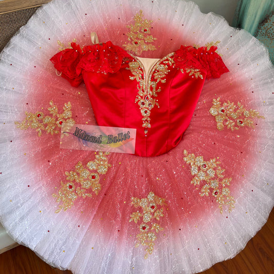 Red ballet short tutu, adorned with lace and sequin embellishments. Professional ballerina's ballet short tutu. -MDT0866