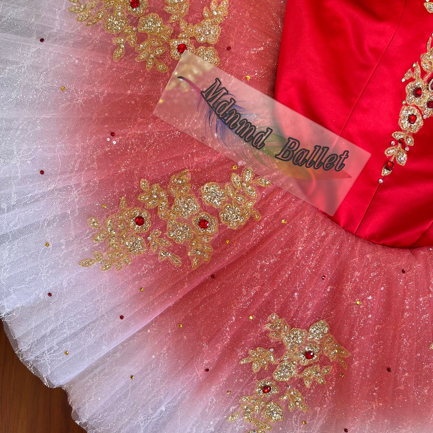 Red ballet short tutu, adorned with lace and sequin embellishments. Professional ballerina's ballet short tutu. -MDT0866