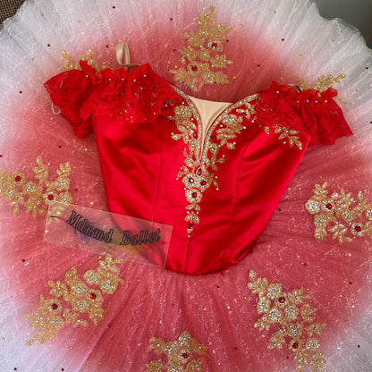 Red ballet short tutu, adorned with lace and sequin embellishments. Professional ballerina's ballet short tutu. -MDT0866
