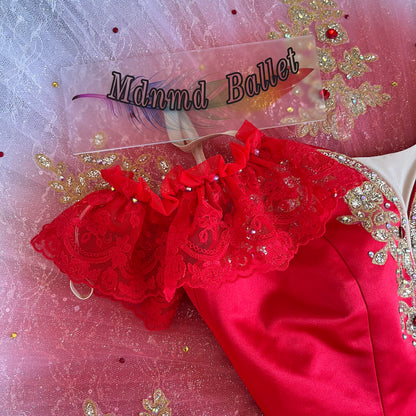 Red ballet short tutu, adorned with lace and sequin embellishments. Professional ballerina's ballet short tutu. -MDT0866