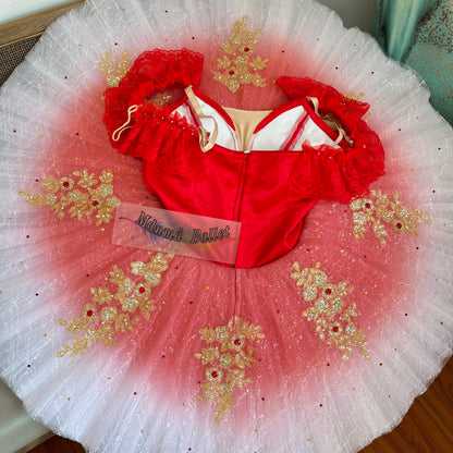 Red ballet short tutu, adorned with lace and sequin embellishments. Professional ballerina's ballet short tutu. -MDT0866
