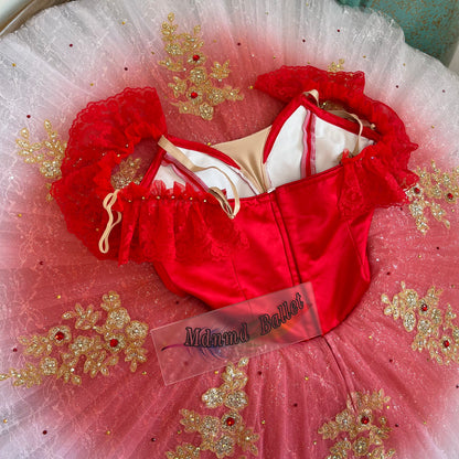 Red ballet short tutu, adorned with lace and sequin embellishments. Professional ballerina's ballet short tutu. -MDT0866