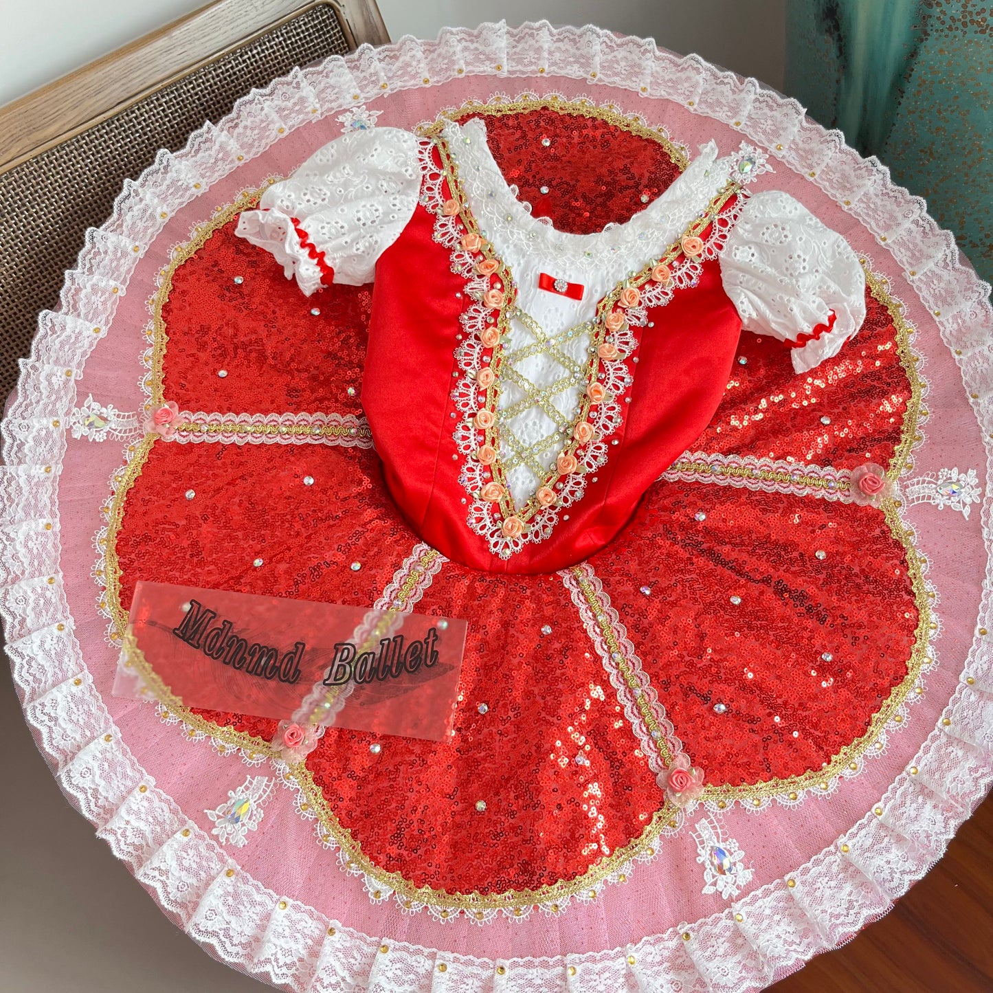 Professional Red Playful & Sparkling Ballet Dress with Lace & Rhinestones-MDT0939