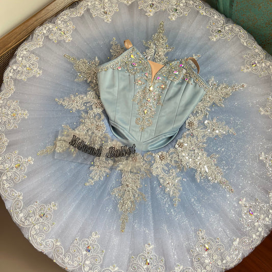 Classic Elegant Professional Ballet Dress with Lace and Rhinestones, Ideal for Silver Fairy Performances-MDT1050