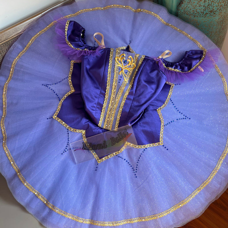 Handmade Purple Ballet Dress for Girls with Golden Embroidered Trim - Perfect for Dance Competitions-MDT1083