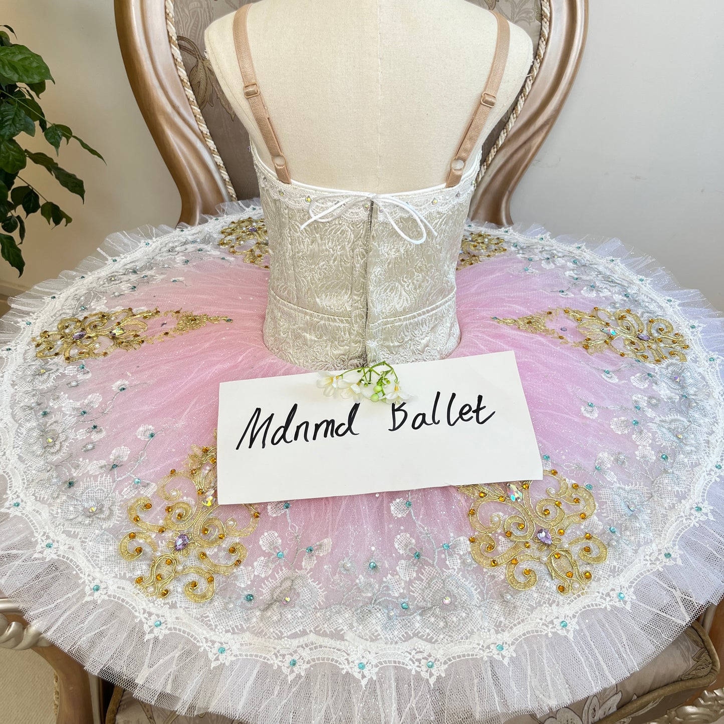 Pink Ballet Tutu with Golden Floral Embroidery for Performances - MDT0444