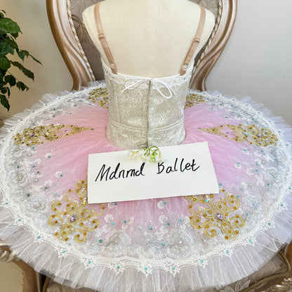 Pink Ballet Tutu with Golden Floral Embroidery for Performances - MDT0444