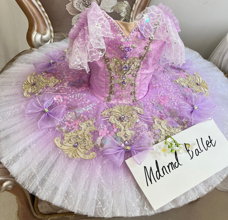 Dreamy Pink Ballet Costume - Embellished with Gold Patterns, Sequins and Sweet Bows-MDT0924