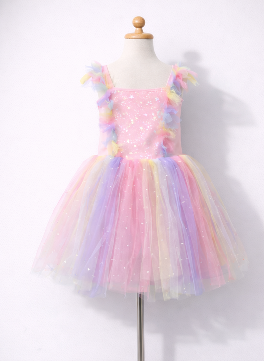 Girls Rainbow Tulle Dress with Stars - Kids Princess Birthday Party Tutu Dress-ALP0108