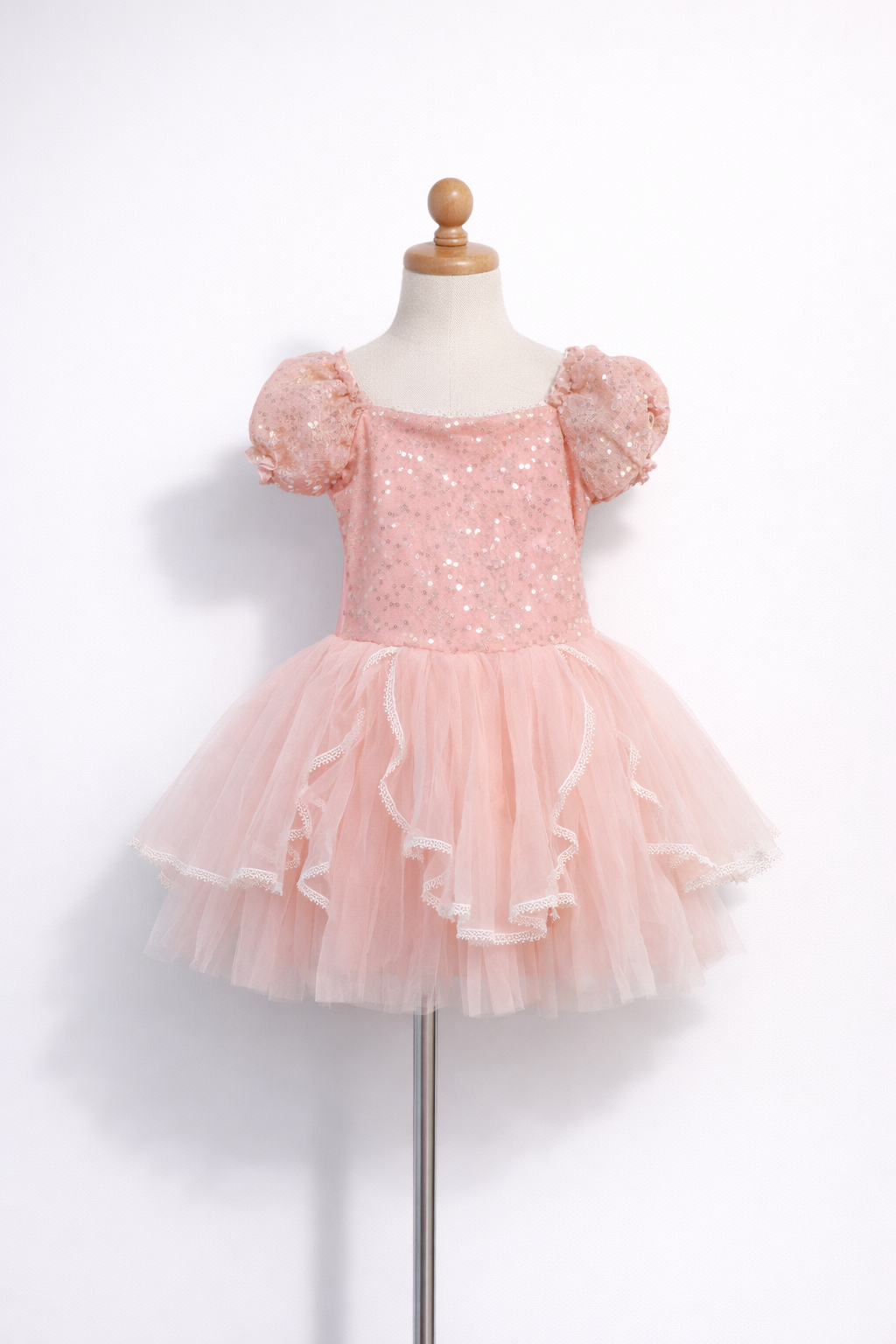 Little Girls Princess Dress Pink Puff Sleeve Sequin -ALP096