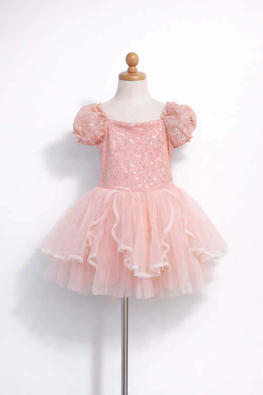 Little Girls Princess Dress Pink Puff Sleeve Sequin -ALP096