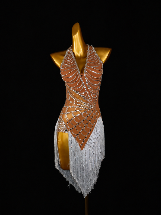Brown Crystal Web Latin Dance Dress
