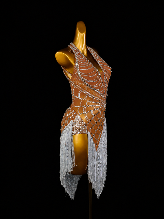 Brown Crystal Web Latin Dance Dress
