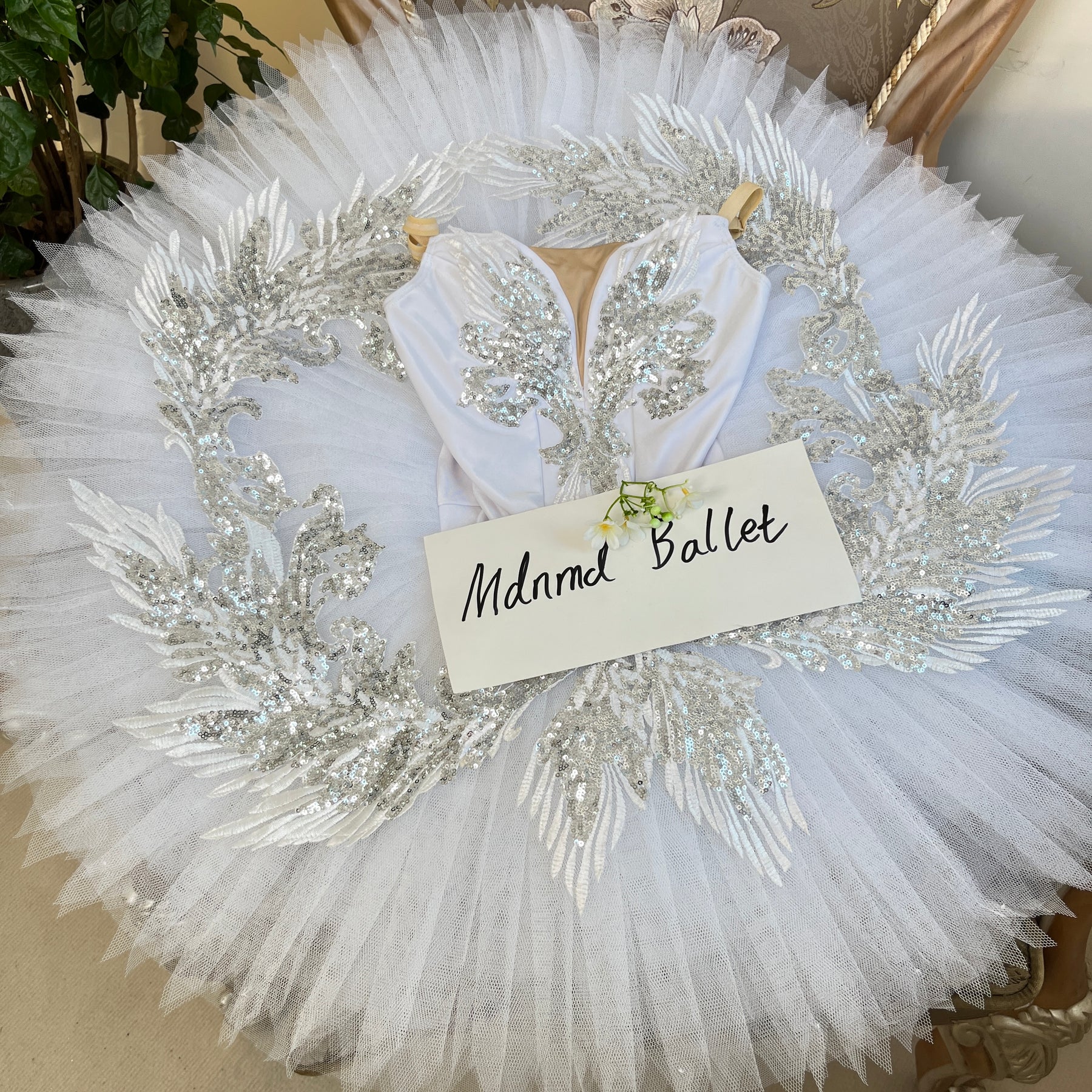 Exquisite White Swan Ballet Tutu Dress with Silver Appliqué Detailing - JYT0019