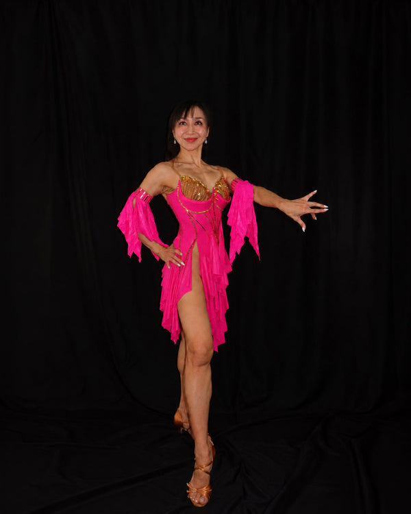 Fuchsia Gold Ruffle Latin Dance Dress
