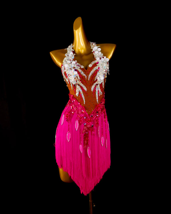 Magenta White Blossom Latin Dance Dress