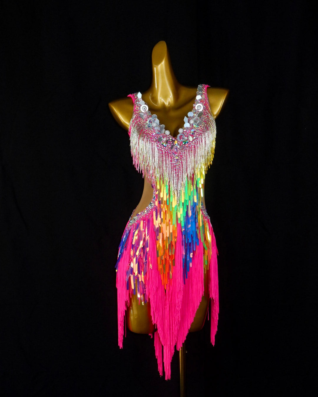 Pink Multicolor Fringe Latin Dance Dress