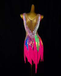 Pink Multicolor Fringe Latin Dance Dress