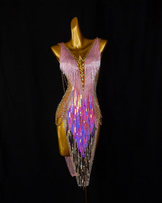 Pink Iridescent Fringe Latin Dance Dress