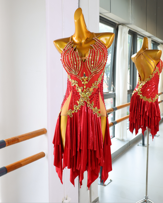 Red Gold Scroll Latin Dance Dress