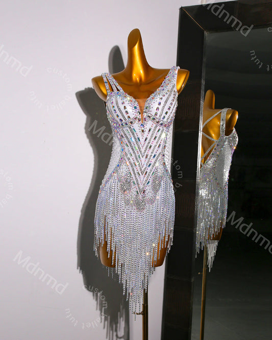 Silver Crystal Fringe Latin Dance Dress