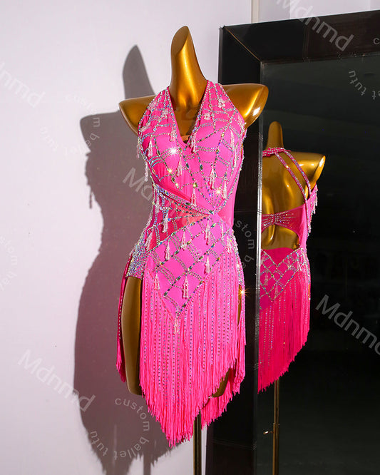 Hot Pink Fringe Latin Dance Dress