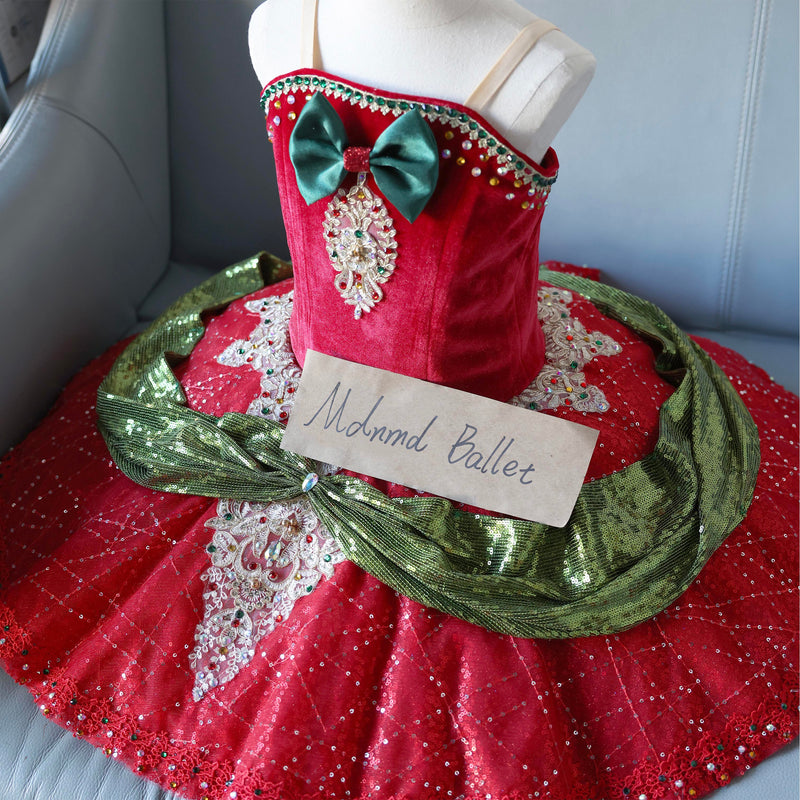 Elegant Red Velvet Ballet Tutu with Green Embellishments 閿熸枻鎷 MDT0981