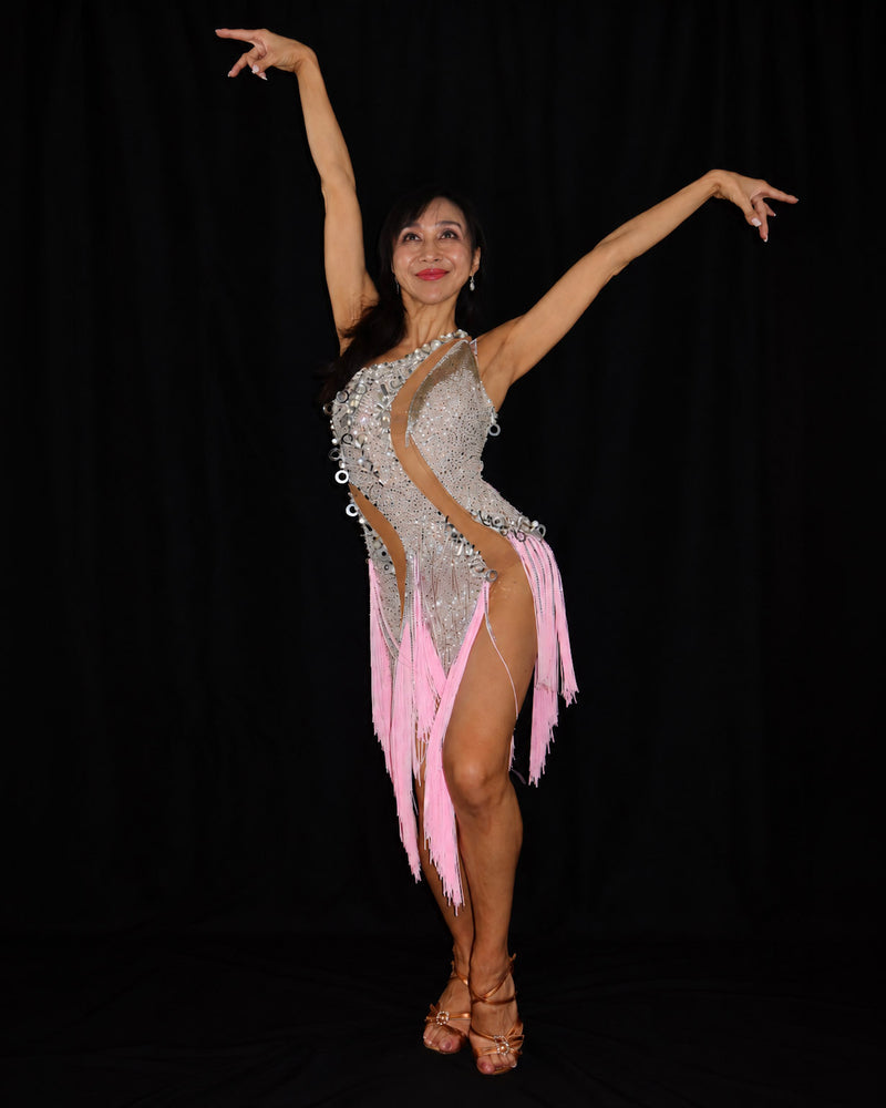 Silver Pink Feather Latin Dance Dress