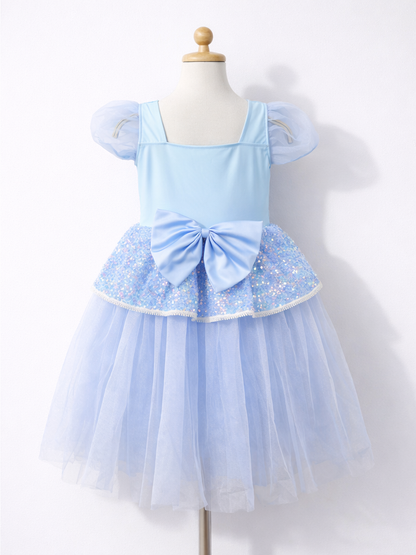 Girls Light Blue Sequin Princess Dress | Puff Sleeve Tulle Ball Gown for Birthday & Party-ALP0116