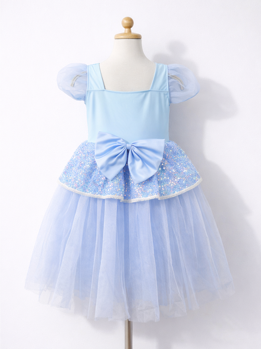 Girls Light Blue Sequin Princess Dress | Puff Sleeve Tulle Ball Gown for Birthday & Party-ALP0116