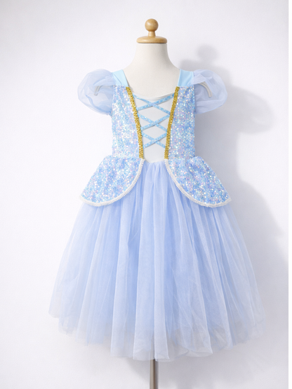 Girls Light Blue Sequin Princess Dress | Puff Sleeve Tulle Ball Gown for Birthday & Party-ALP0116