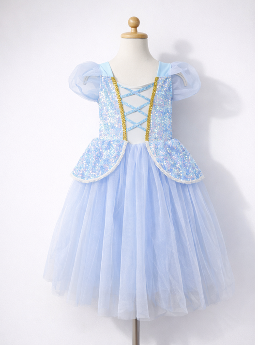 Girls Light Blue Sequin Princess Dress | Puff Sleeve Tulle Ball Gown for Birthday & Party-ALP0116