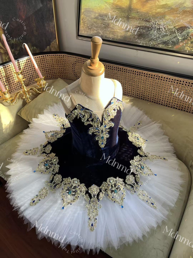 Custom Handmade Ballet Dress Dark Blue Bodice White Tulle Embellished