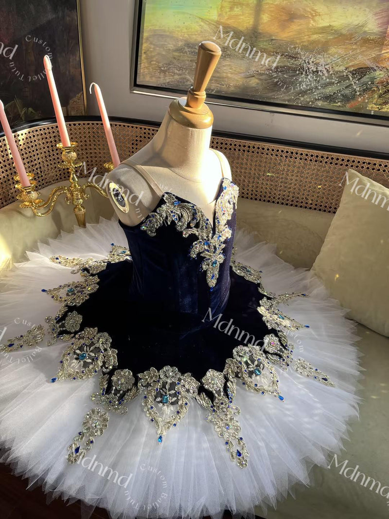 Custom Handmade Ballet Dress Dark Blue Bodice White Tulle Embellished