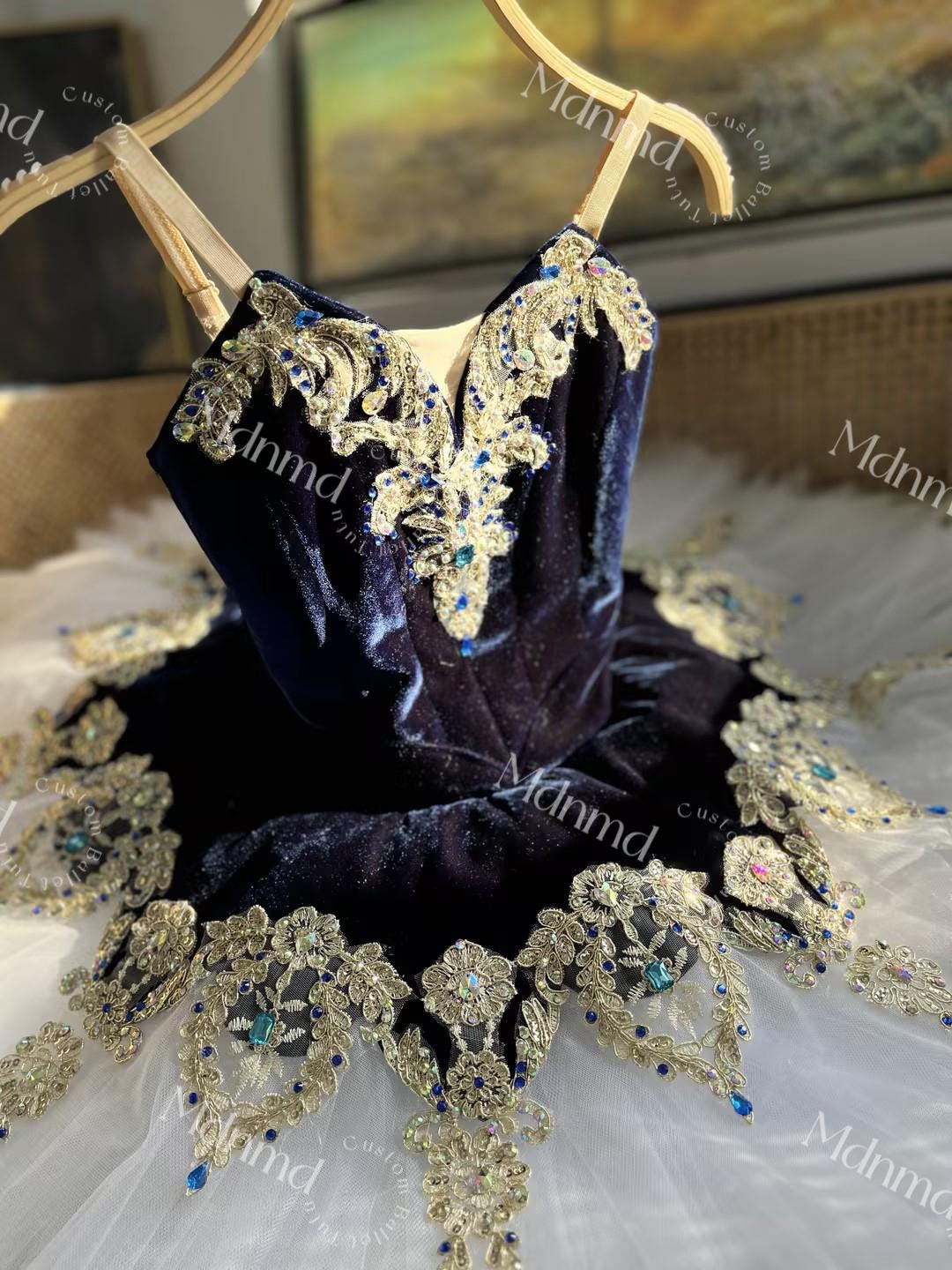 Custom Handmade Ballet Dress Dark Blue Bodice White Tulle Embellished