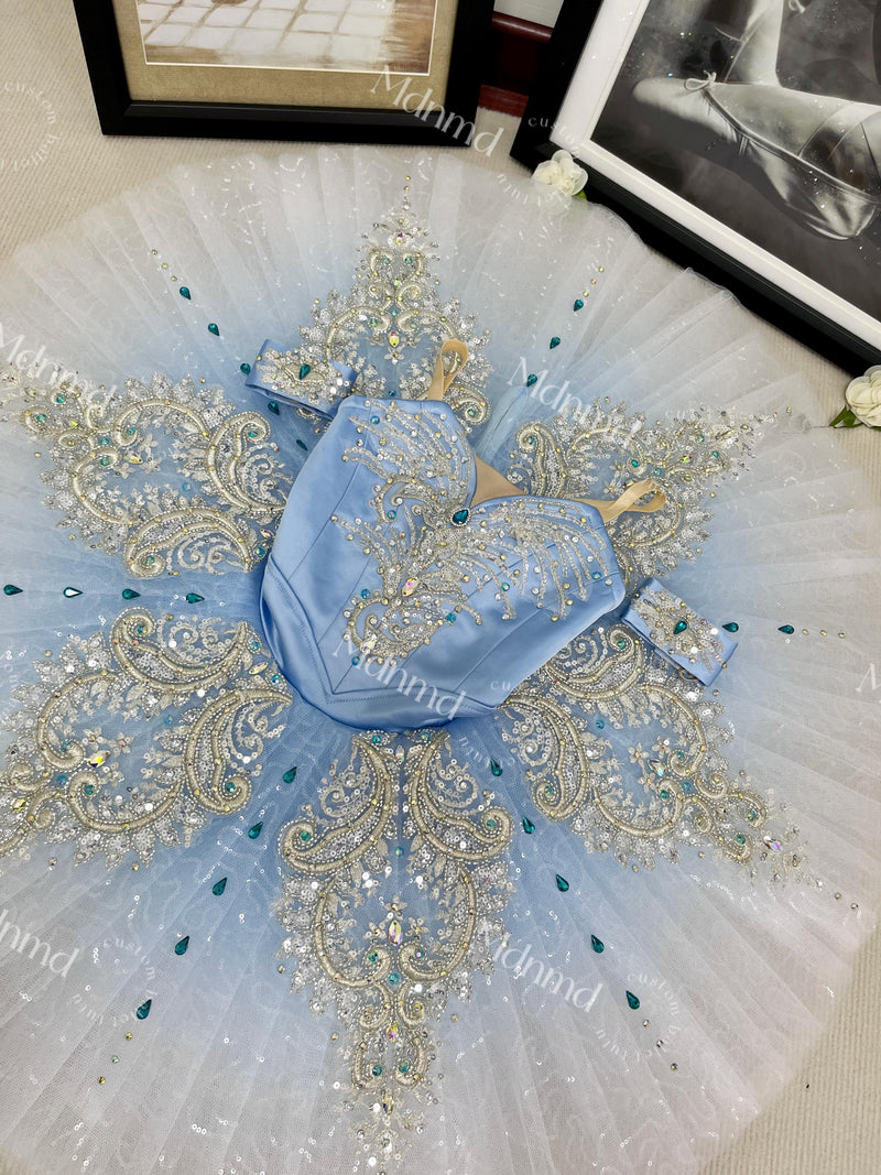 Custom Professional Ballet Costume Light Blue Satin with Extensive Crystal Embellishments